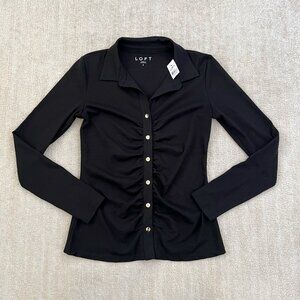 NWT LOFT Long Sleeve Cotton Black Knit Work Blouse Top S Button Up